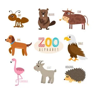 ABC. Cute zoo alphabet in vector. Funny cartoon animals. Ant, beaver, cow, .. Stock Illustration
