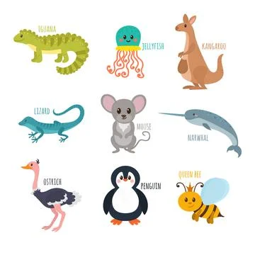 ABC. Cute zoo alphabet in vector. Funny cartoon animals. Iguana, jellyfish,.. Stock Illustration
