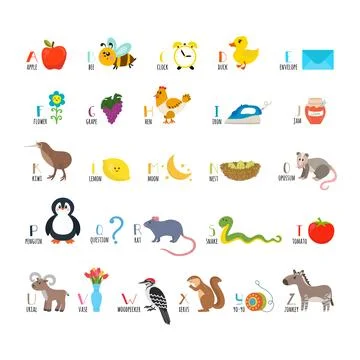 ABC. Learn to read. Children alphabet with cute cartoon animals and other f.. Stock Illustration