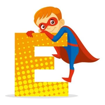 ABC Letter E Superhero Boy Cartoon character Vector illustration Stock Illustration
