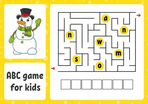 ABC maze for kids. Rectangle labyrinth. Christmas theme. Activity worksheet.  Illustrazione stock