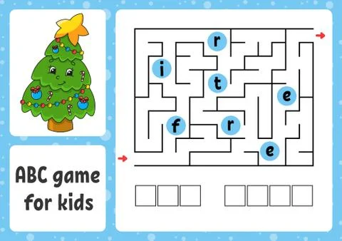 ABC maze for kids. Rectangle labyrinth. Christmas theme. Activity worksheet.  Stock Illustration