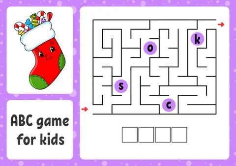 ABC maze for kids. Rectangle labyrinth. Christmas theme. Activity worksheet.  스톡 일러스트