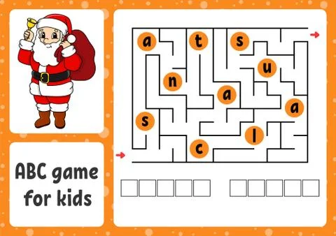 ABC maze for kids. Rectangle labyrinth. Christmas theme. Activity worksheet.  Stock Illustration