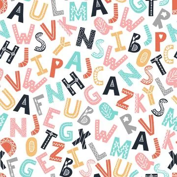ABC seamless pattern. Scandinavian style alphabet. Vector cartoon hand drawn Stock Illustration