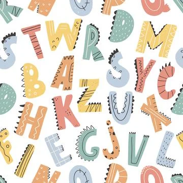 ABC seamless pattern in simple cartoon style. Cute dinosaur alphabet print - Illustrazione stock