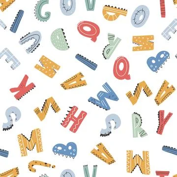 ABC seamless pattern in simple cartoon style. Cute dinosaur alphabet print - Stock Illustration