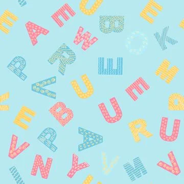 ABC seamless pattern in simple cartoon style. Cute alphabet print - hand dr.. Illustrazione stock