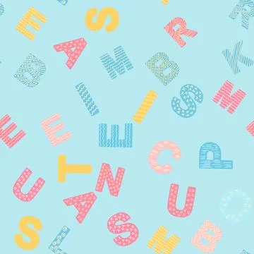 ABC seamless pattern in simple cartoon style. Cute alphabet print - hand dr.. Stock Illustration