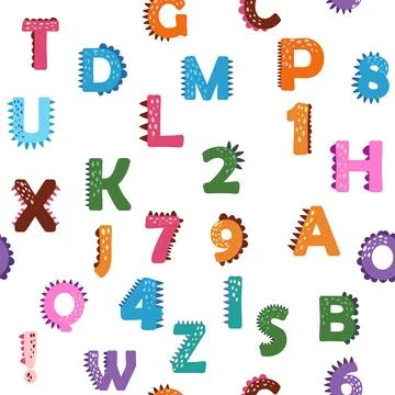 ABC seamless pattern in simple cartoon style. Cute dinosaur alphabet print .. Illustrazione stock