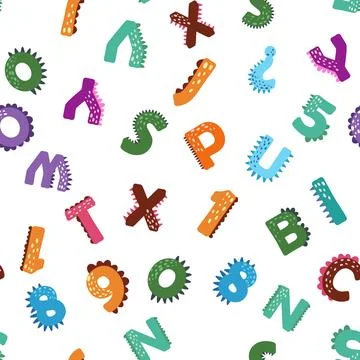 ABC seamless pattern in simple cartoon style. Cute dinosaur alphabet print .. 스톡 일러스트