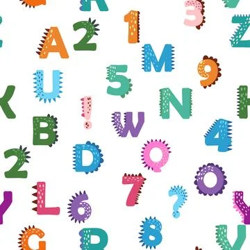 ABC seamless pattern in simple cartoon style. Cute dinosaur alphabet print .. Illustrazione stock