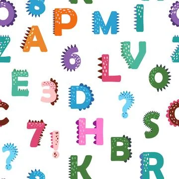 ABC seamless pattern in simple cartoon style. Cute dinosaur alphabet print .. Stock Illustration