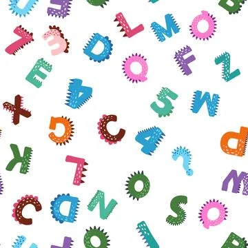 ABC seamless pattern in simple cartoon style. Cute dinosaur alphabet print .. Illustrazione stock