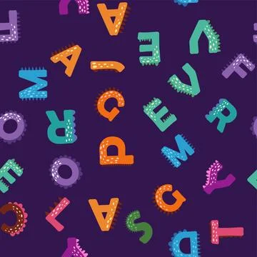 ABC seamless pattern in simple cartoon style. Cute dinosaur alphabet print -  Stock Illustration