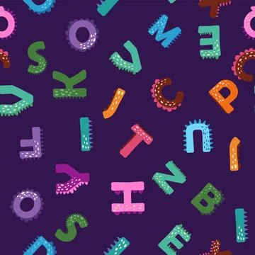 ABC seamless pattern in simple cartoon style. Cute dinosaur alphabet print -  Illustrazione stock