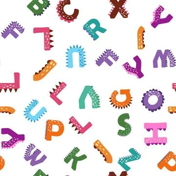 ABC seamless pattern in simple cartoon style. Cute dinosaur alphabet print -  Stock Illustration