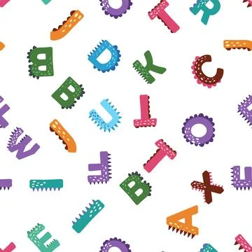 ABC seamless pattern in simple cartoon style. Cute dinosaur alphabet print -  Illustrazione stock