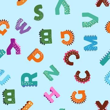 ABC seamless pattern in simple cartoon style. Cute dinosaur alphabet print -  Stock Illustration