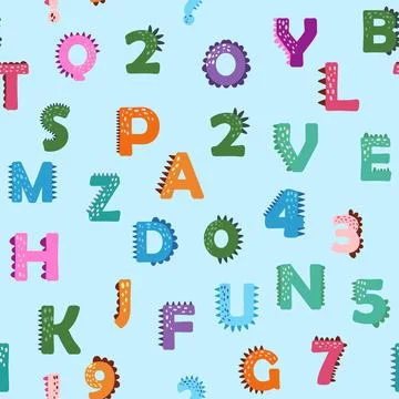 ABC seamless pattern in simple cartoon style. Cute dinosaur alphabet print -  Illustrazione stock
