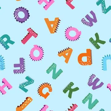 ABC seamless pattern in simple cartoon style. Cute dinosaur alphabet print -  Illustrazione stock