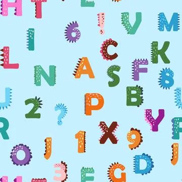 ABC seamless pattern in simple cartoon style. Cute dinosaur alphabet print -  Illustrazione stock
