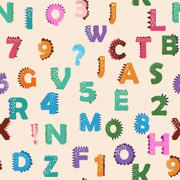 ABC seamless pattern in simple cartoon style. Cute dinosaur alphabet print -  Illustrazione stock