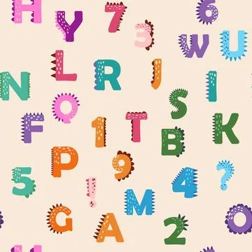 ABC seamless pattern in simple cartoon style. Cute dinosaur alphabet print -  Illustrazione stock
