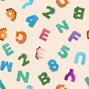 ABC seamless pattern in simple cartoon style. Cute dinosaur alphabet print -  스톡 일러스트