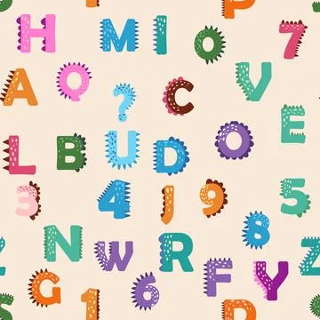 ABC seamless pattern in simple cartoon style. Cute dinosaur alphabet print -  Illustrazione stock