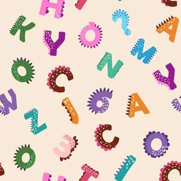 ABC seamless pattern in simple cartoon style. Cute dinosaur alphabet print -  Stock Illustration