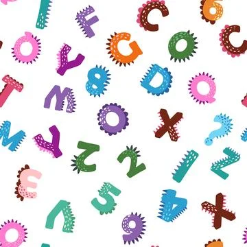 ABC seamless pattern in simple cartoon style. Cute dinosaur alphabet print -  Stock Illustration