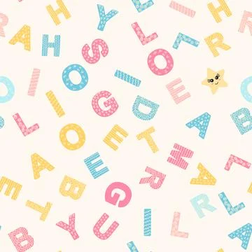 ABC seamless pattern in simple cartoon style. Cute alphabet print - hand draw Stock Illustration