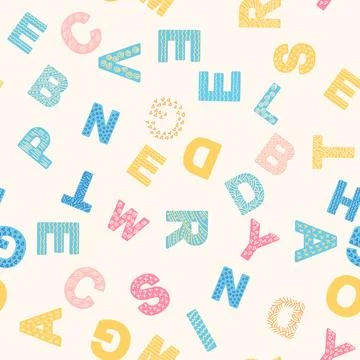 ABC seamless pattern in simple cartoon style. Cute alphabet print - hand draw Illustrazione stock