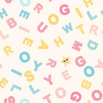 ABC seamless pattern in simple cartoon style. Cute alphabet print - hand draw Stock Illustration