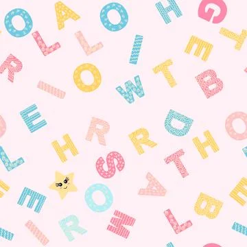 ABC seamless pattern in simple cartoon style. Cute alphabet print - hand draw Stock Illustration