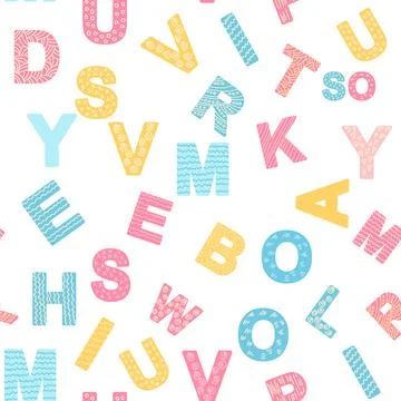 ABC seamless pattern in simple cartoon style. Cute alphabet print - hand draw Stock Illustration