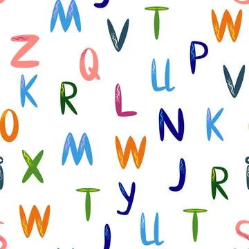 ABC seamless pattern in simple cartoon style. Cute alphabet print - hand dr.. Illustrazione stock