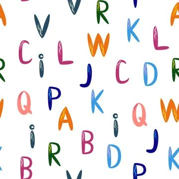 ABC seamless pattern in simple cartoon style. Cute alphabet print - hand dr.. Illustrazione stock