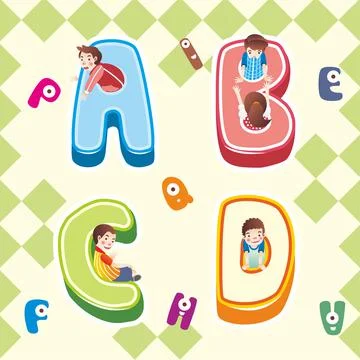 ABCD alphabet icon, kid playing in alphabet ABCD icon illustration vector Stock Illustration