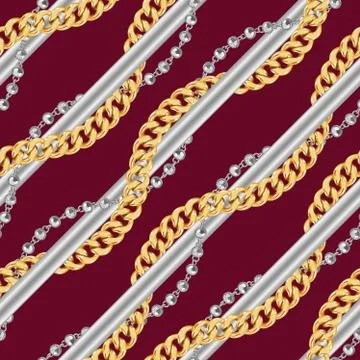 Abctract seamless pattern with gold and silver chains striped on dark red backgr Stock Illustration