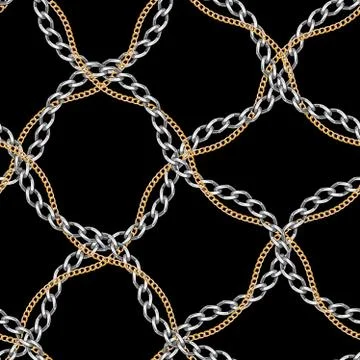 Abctract seamless pattern with gold and silver chains striped by cross on black Stock Illustration