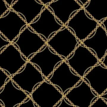 Abctract seamless pattern with gold  chains striped by cross on black background Stock Illustration