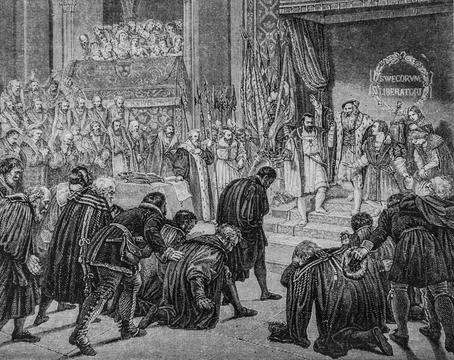The abdication of gustave wasa, the quaint store by mr. edward charton 1870 Illustrazione stock