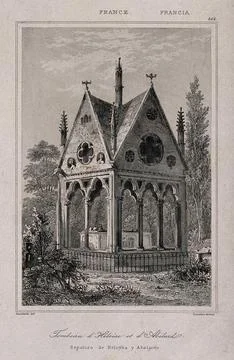 Abelard and Heloise: monument in Pre Lachaise cemetery, Paris. Aquatint aft.. Ilustração Stock