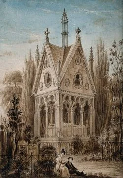 Abelard and Heloise: monument in Pre Lachaise cemetery, Paris. Coloured dra.. Ilustração Stock