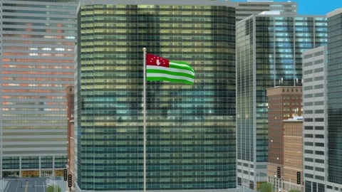 Abhkazia Flag 3D Render Animation on Pole with Modern Business District Buil Video stock 333039799