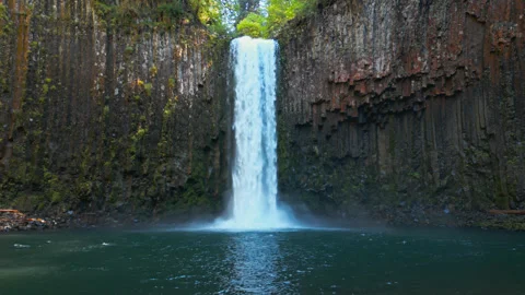Abiqua Falls Waterfall Above Emerald Pool Enclosed by Basalt Canyon Stock Footage 343020727