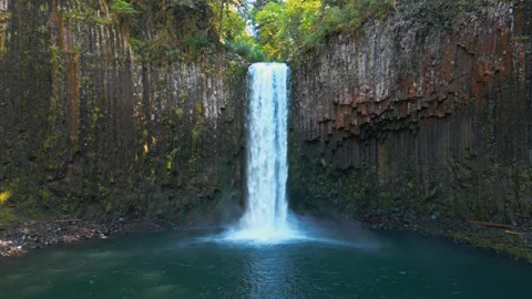 Abiqua Falls Waterfall Cascading into Turquoise Pool Surrounded by Cliffs Stock Footage 343013752