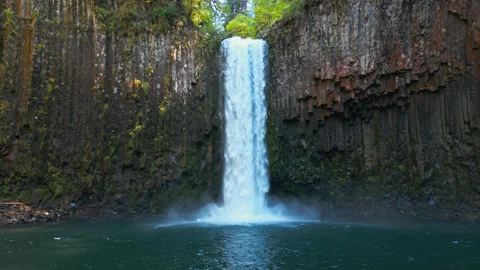 Abiqua Falls Waterfall Descending into Clear Pool Framed by Basalt Cliffs Stock Footage 343023700